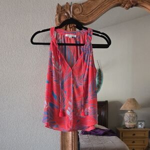 Rose & Olive Coral and Blue Leaf Print Blouse NEW